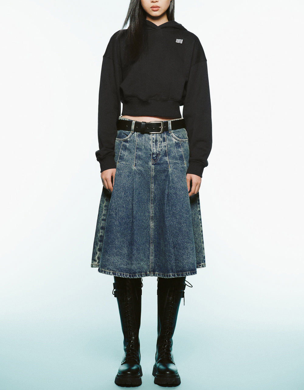 Pleated Mini A-Line Denim Skirt