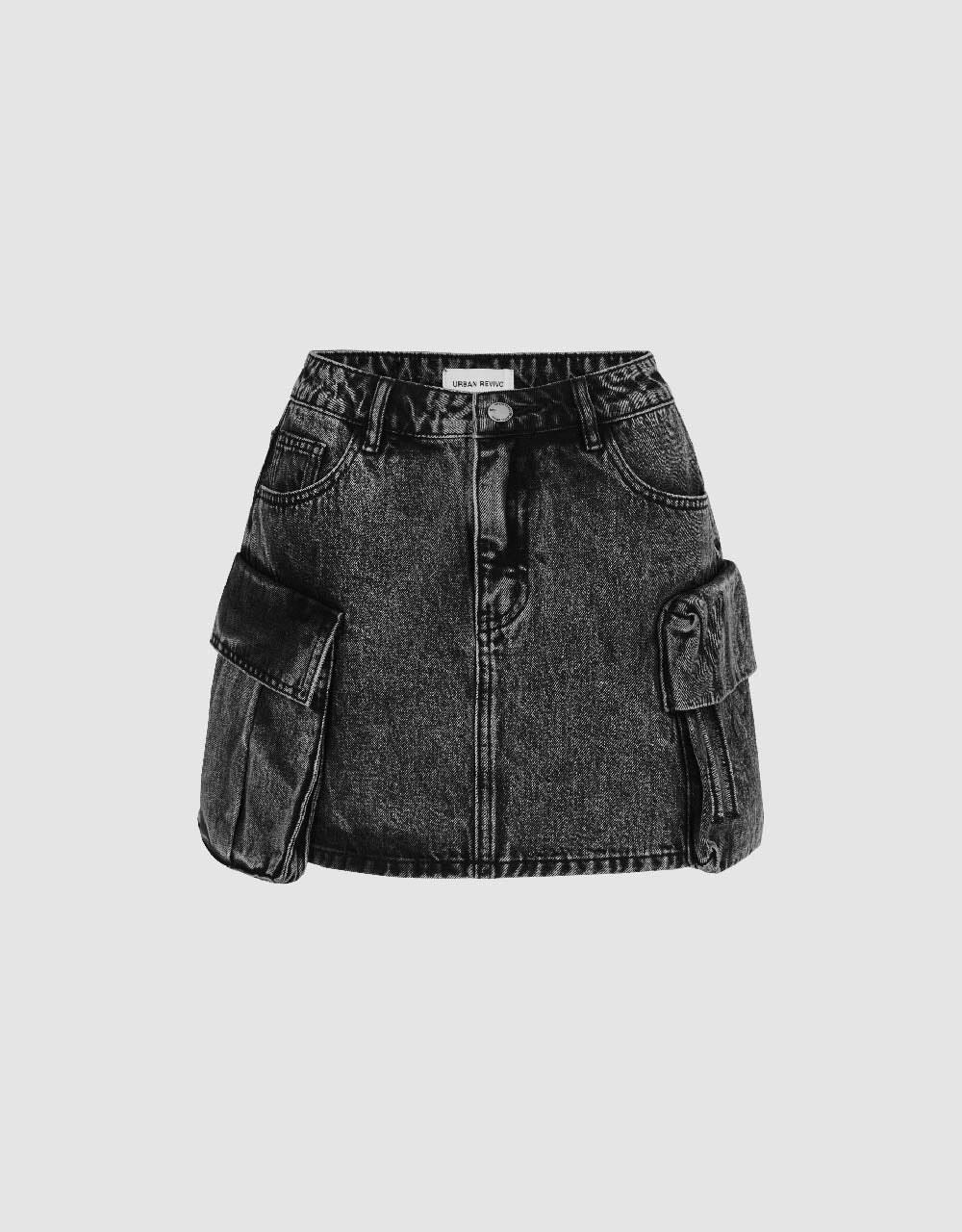 Multi-Pocket Mini Straight Denim Skirt