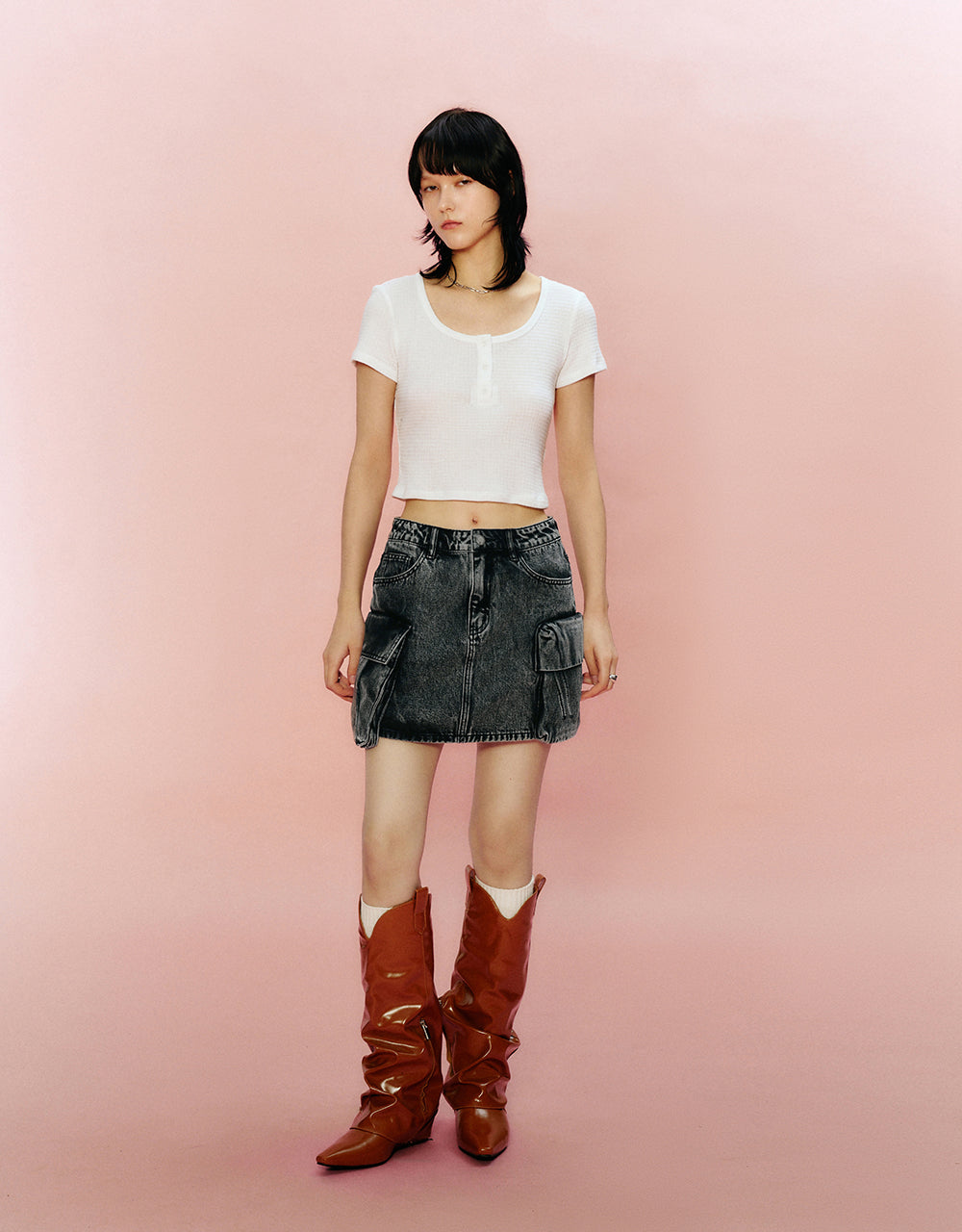 Multi-Pocket Mini Straight Denim Skirt