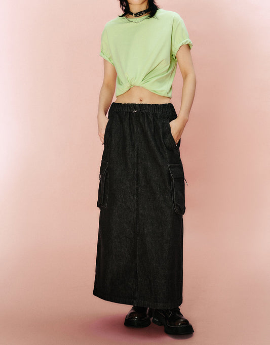 Elastic Waist Straight Denim Skirt