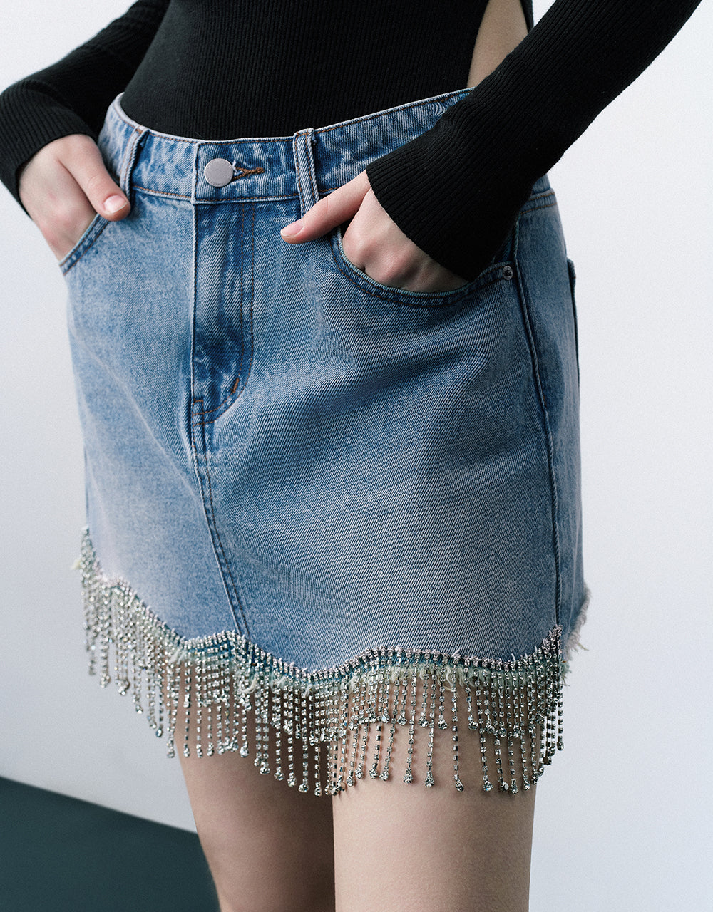 Rhinestone Hem Mini Straight Denim Skirt