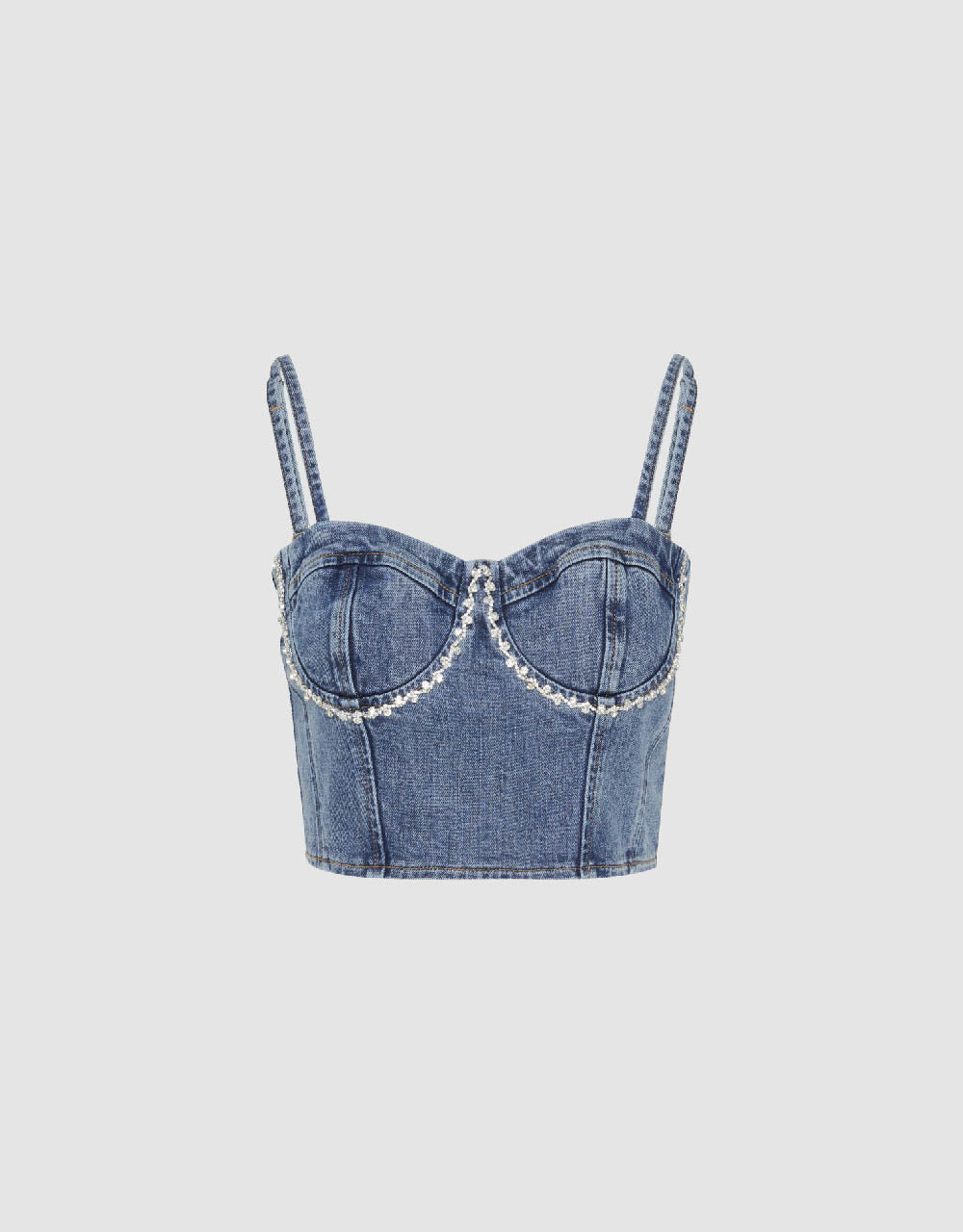 Rhinestone Décor Off-Shoulder Denim Cami Top