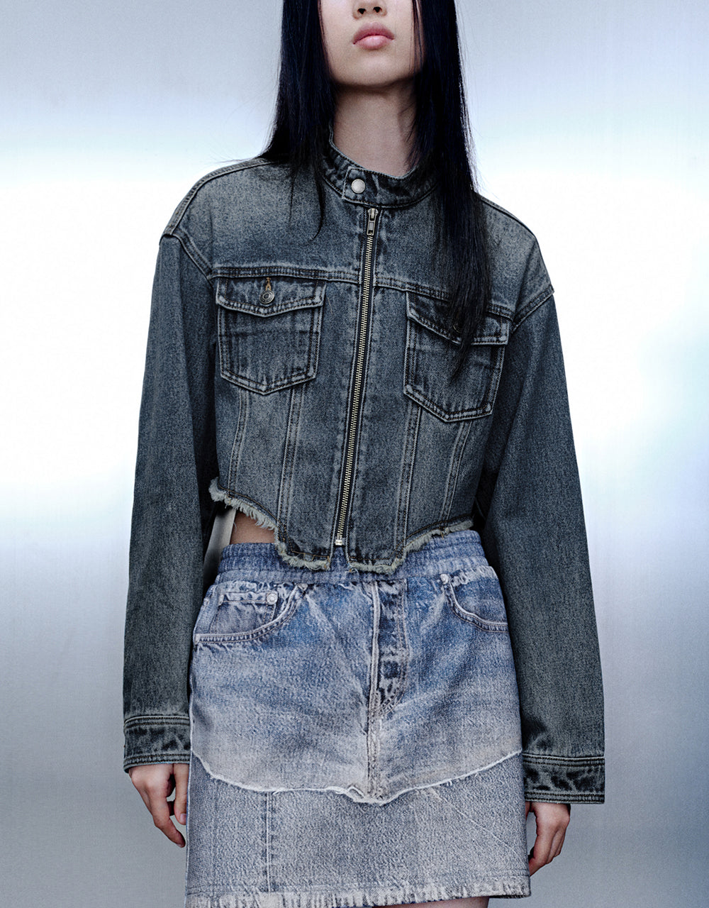 Raw Hem Zipper Front Denim Jacket