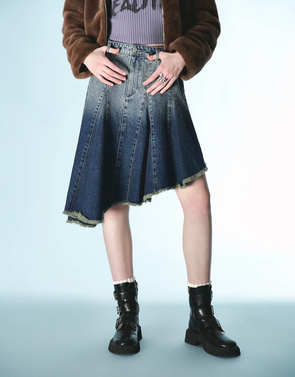 Gradient Midi Fishtail Denim Skirt