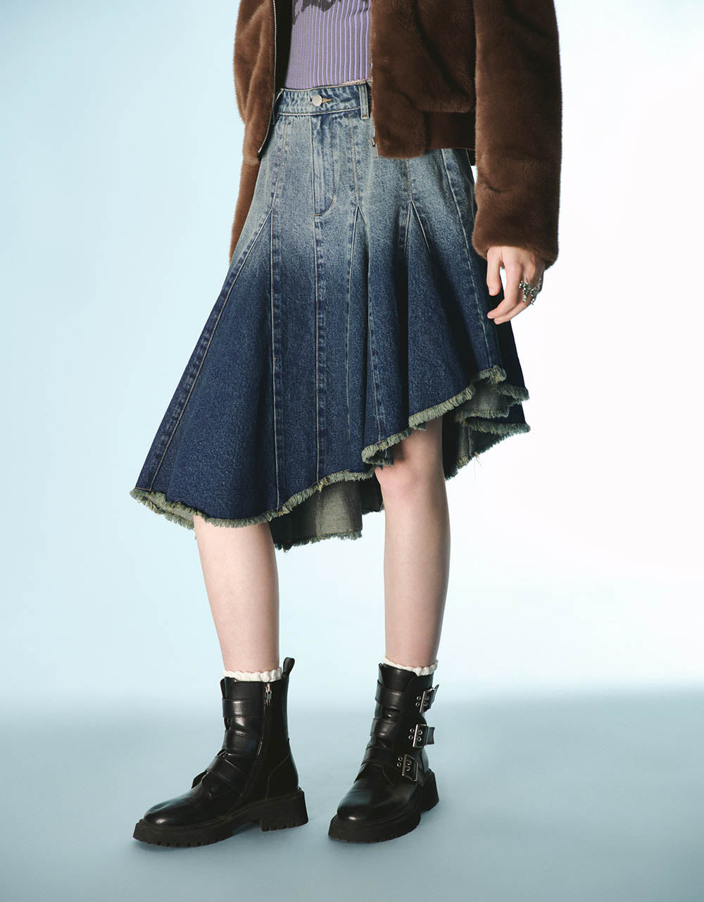 Gradient Midi Fishtail Denim Skirt