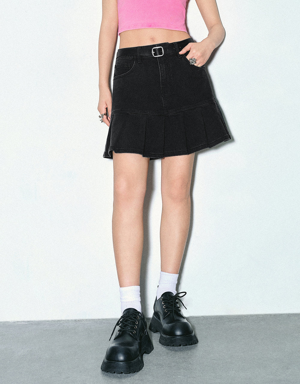 Pleated Mini A-Line Denim Skirt