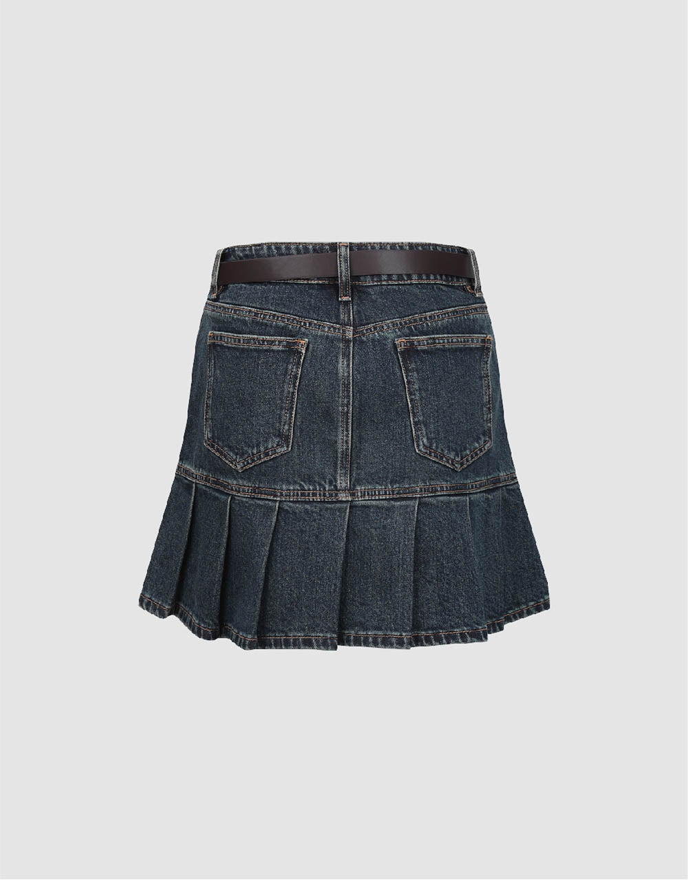 Pleated Mini A-Line Denim Skirt With Belt