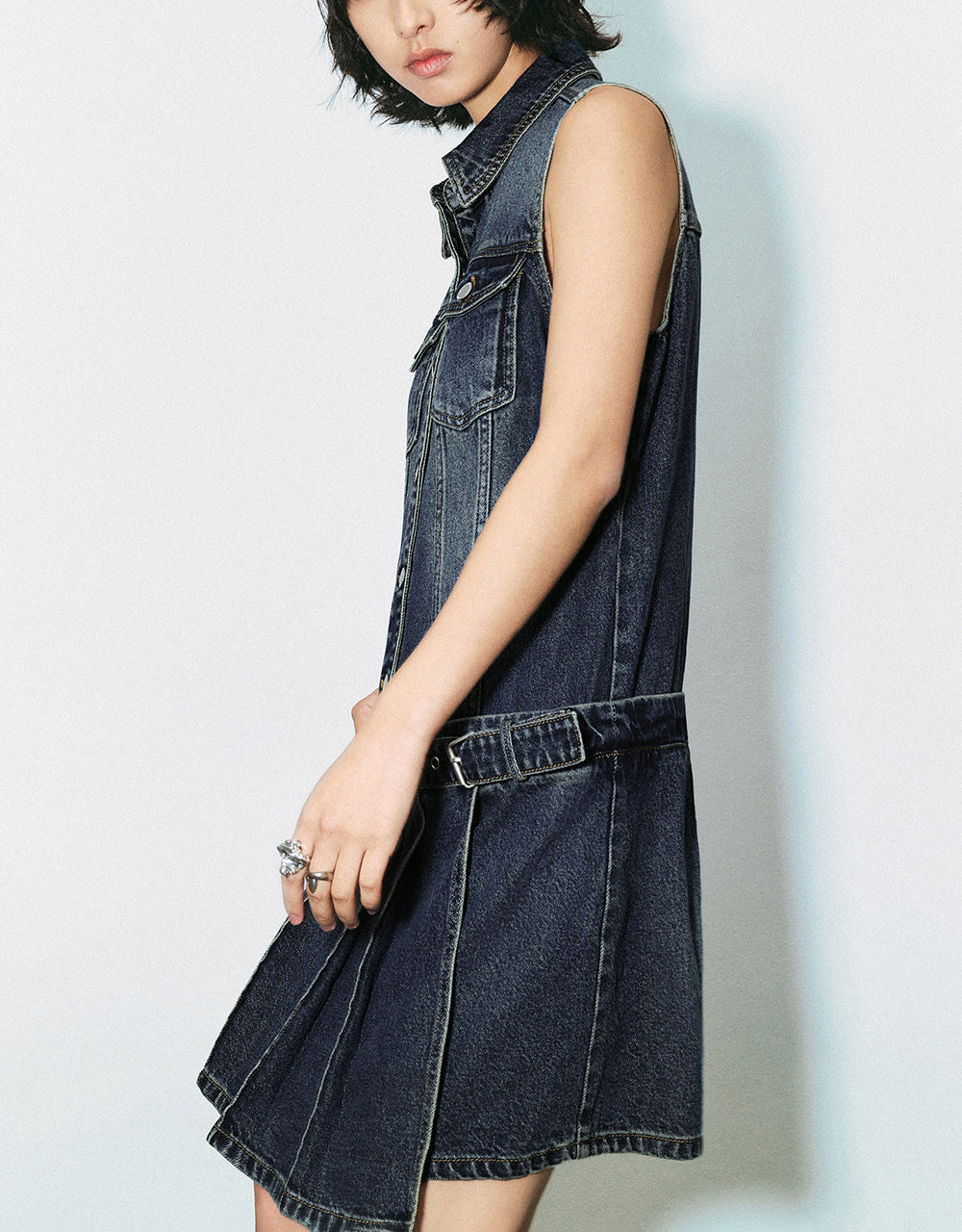 Sleeveless Lapel Denim Straight Dress