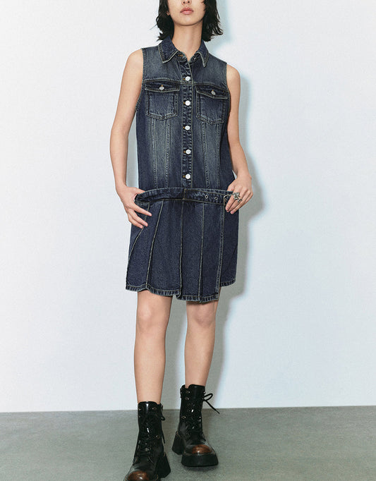 Sleeveless Lapel Denim Straight Dress