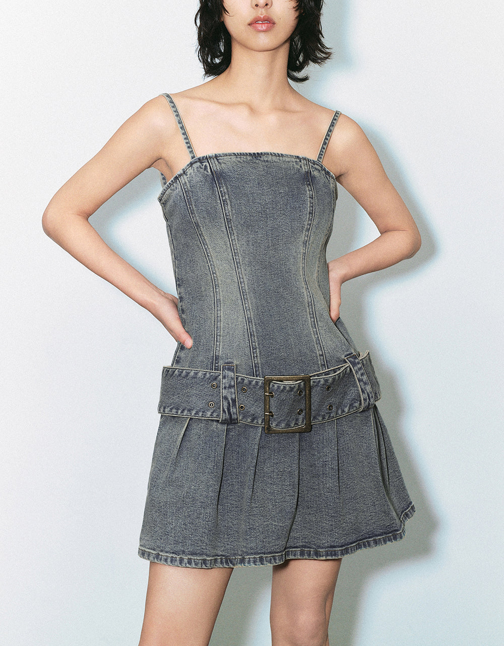 Sleeveless Skinny Denim Dress With Belt