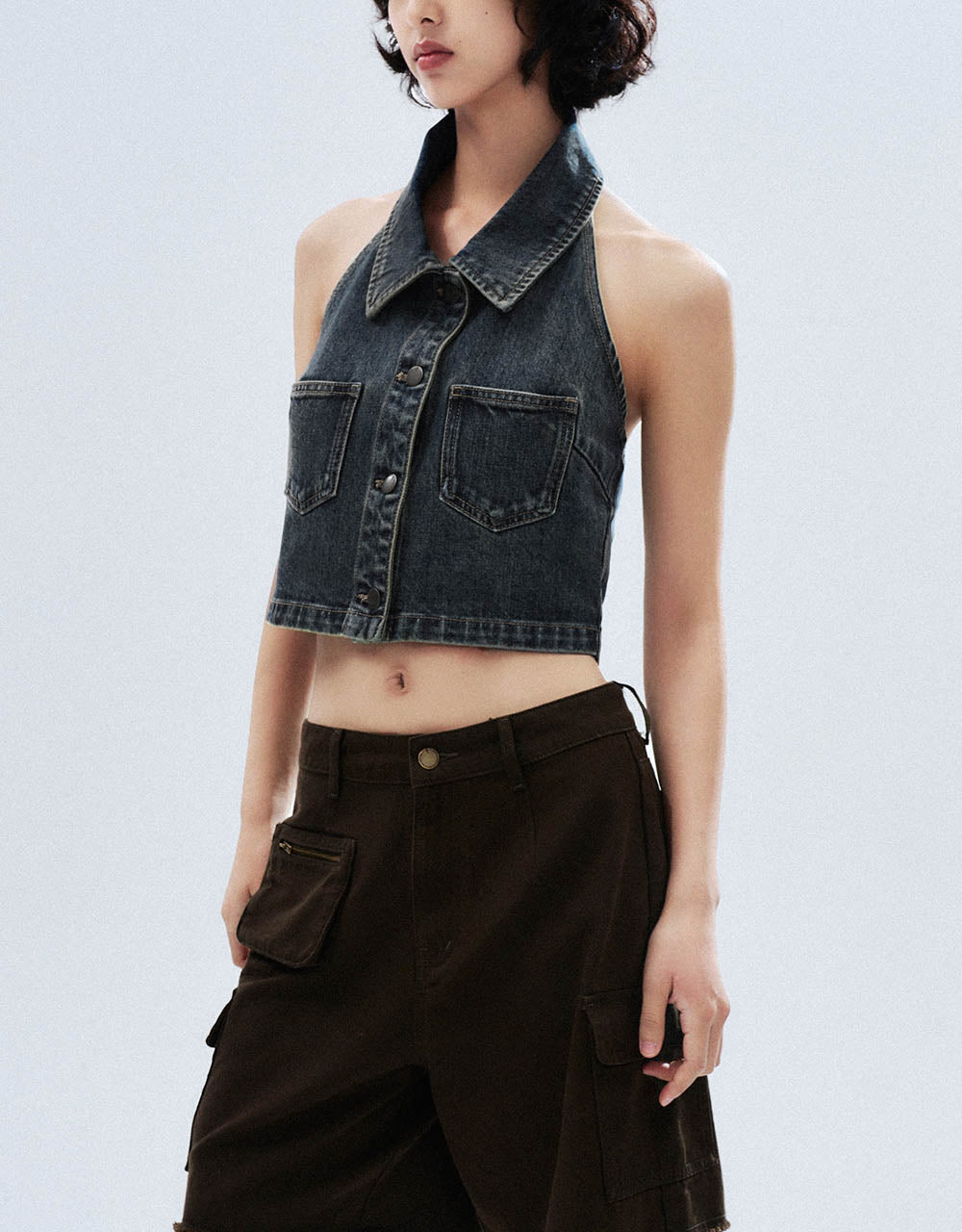 Halter Neck Lapel Denim Vest