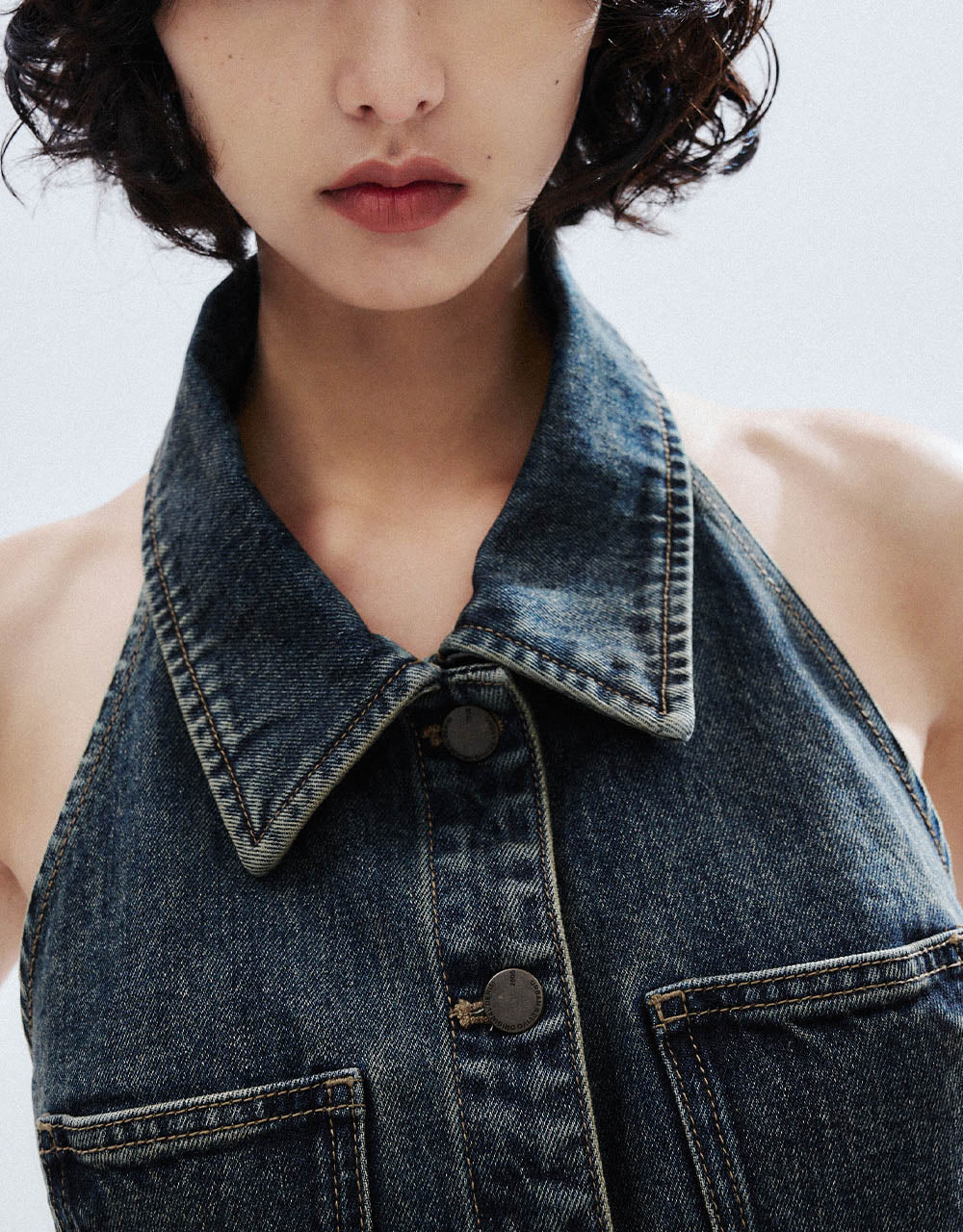 Halter Neck Lapel Denim Vest