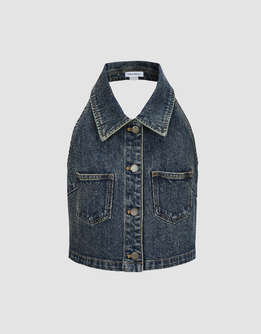 Halter Neck Lapel Denim Vest