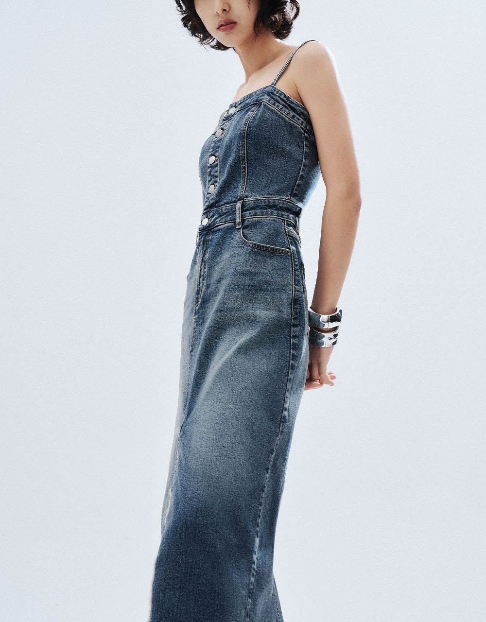 Raw Hem Off-Shoulder Denim Cami Dress