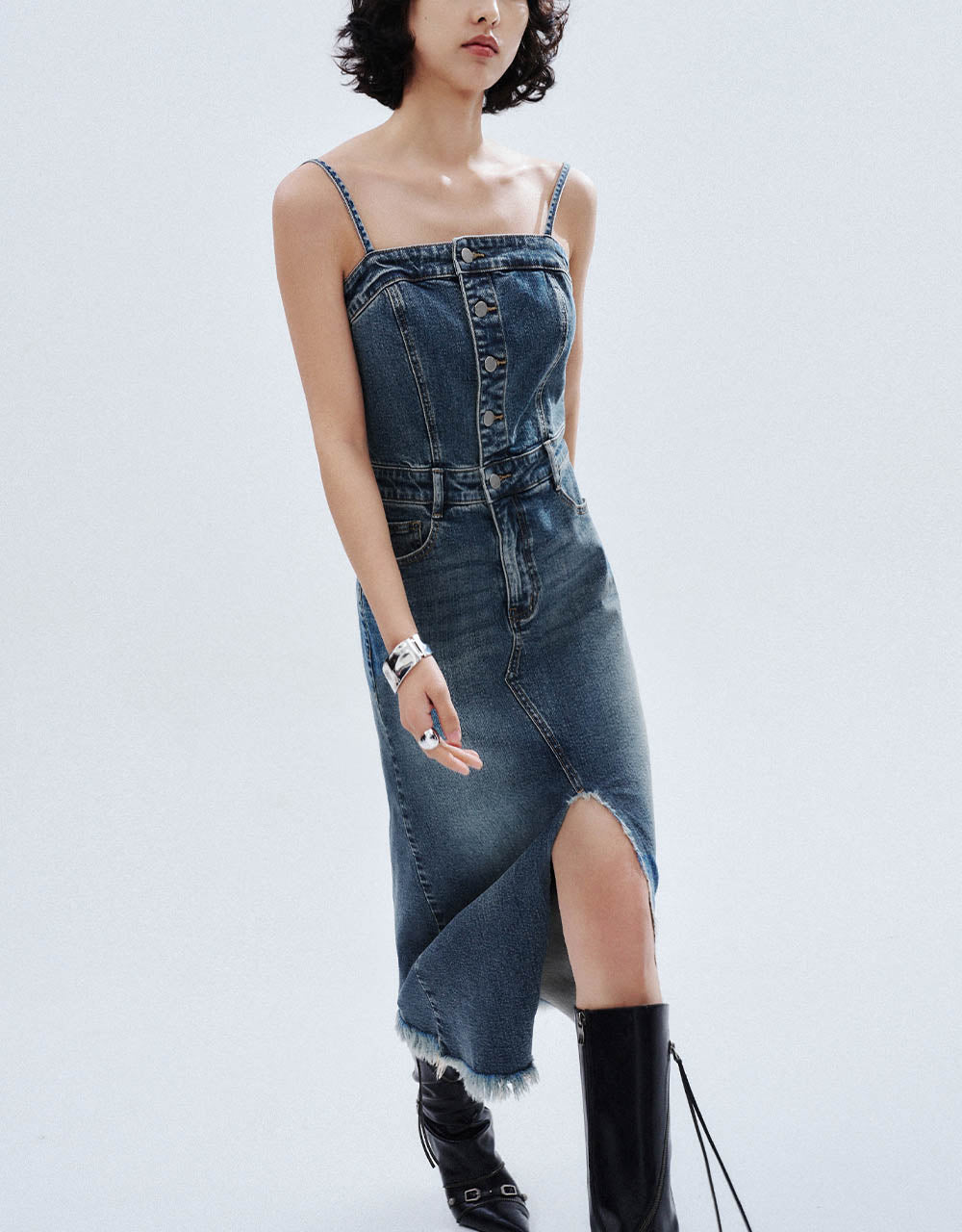 Raw Hem Off-Shoulder Denim Cami Dress