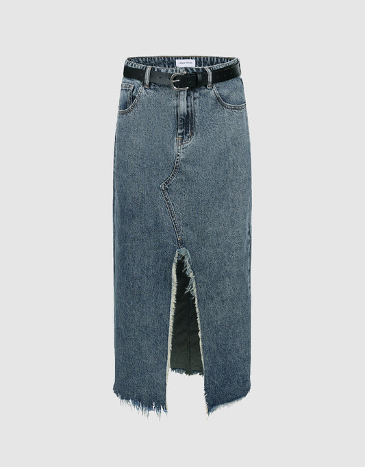 Split Raw Hem Straight Denim Skirt