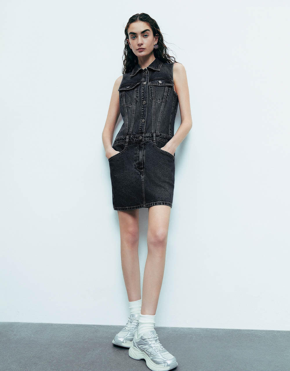 Sleeveless Lapel Denim Dress