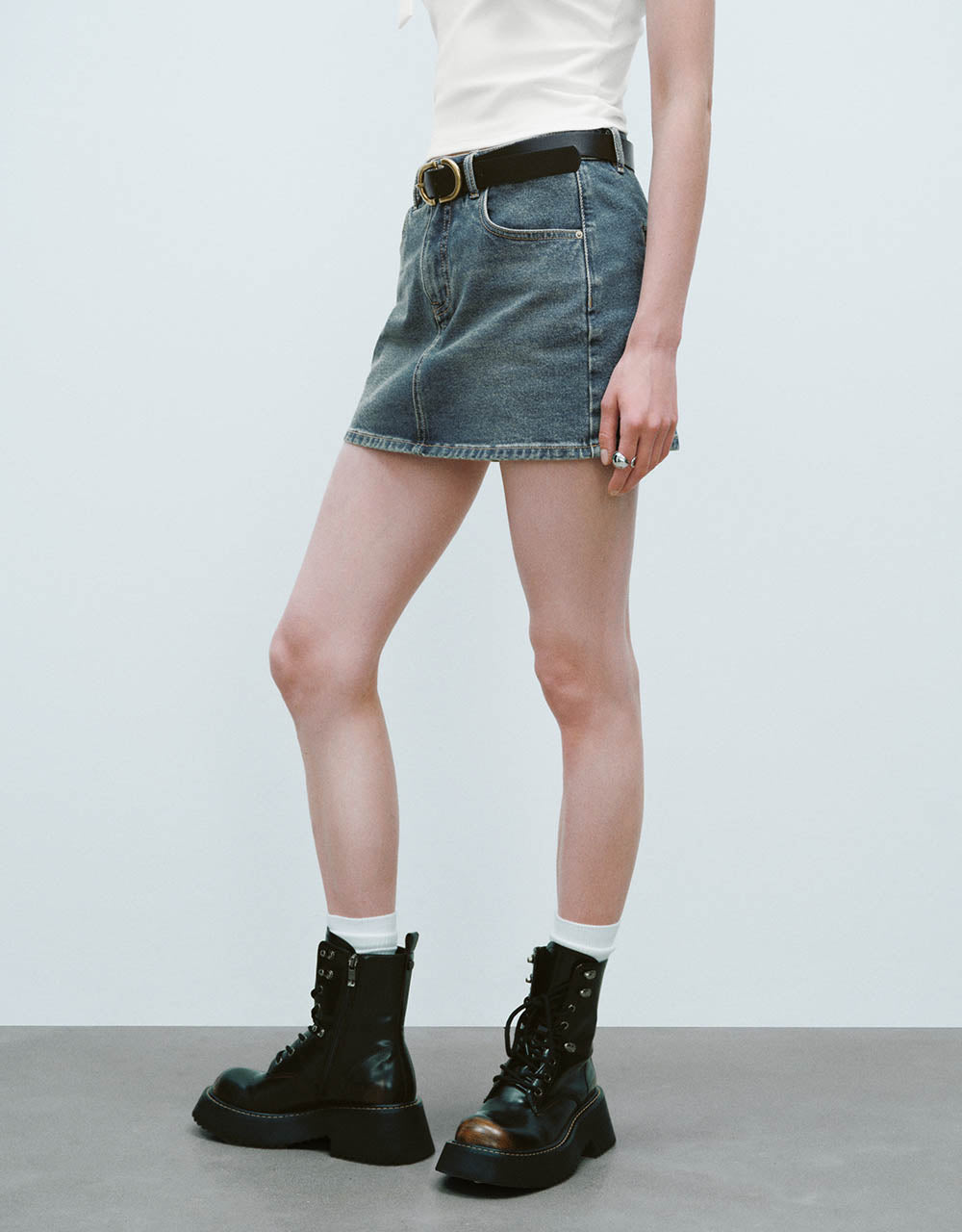 Mini Straight Denim Skirt With Belt