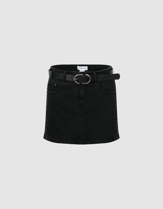 Mini Straight Denim Skirt With Belt