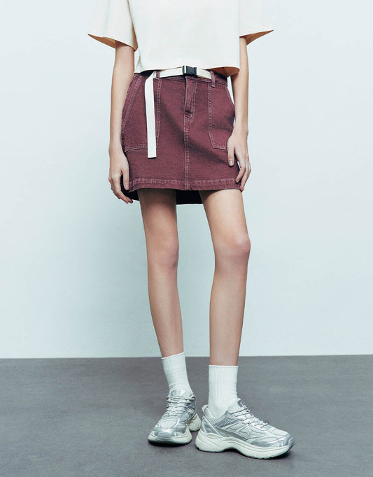 Mini Straight Denim Skirt With Belt