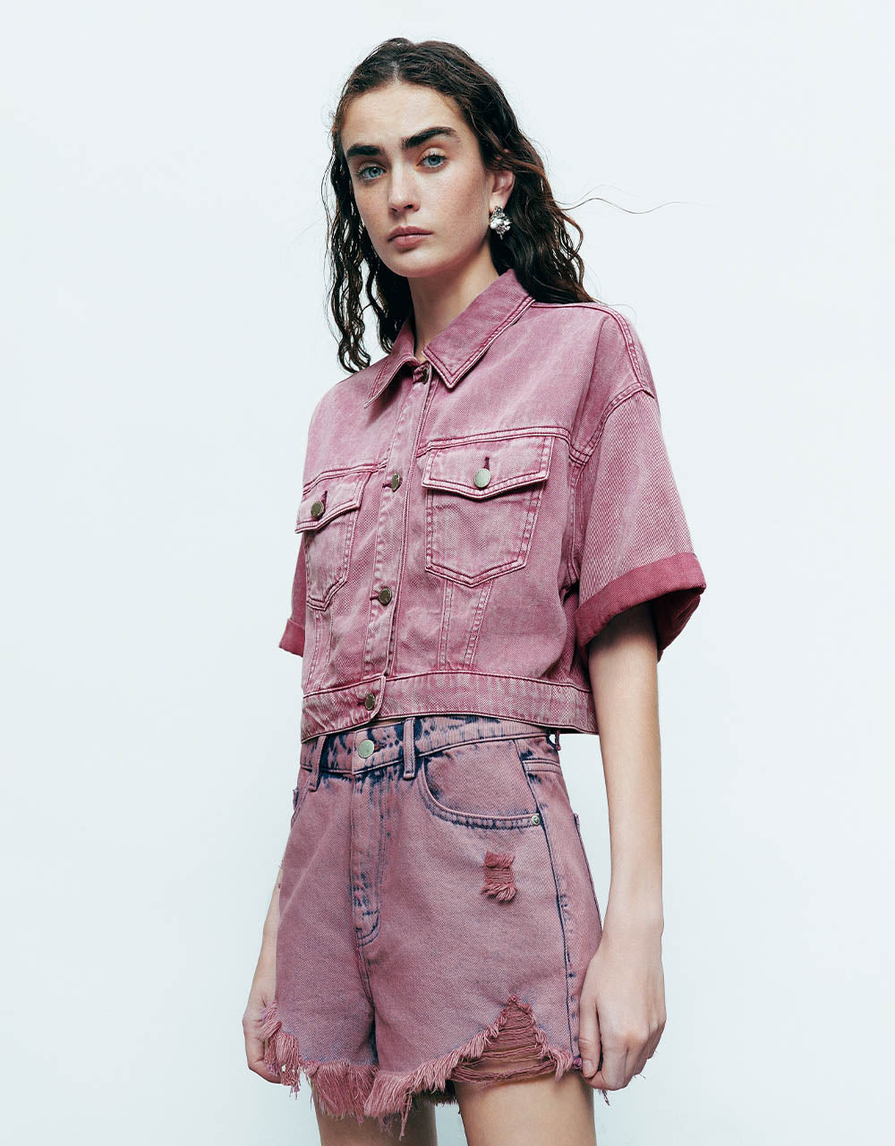 Cropped Lapel Denim Shirt