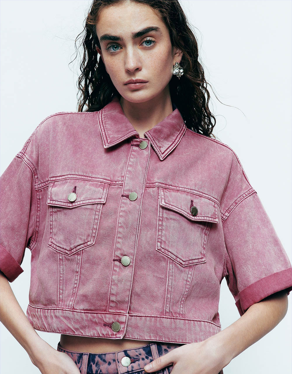 Cropped Lapel Denim Shirt