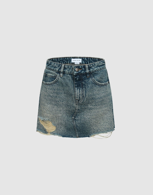 Ripped Mini A-Line Denim Skirt