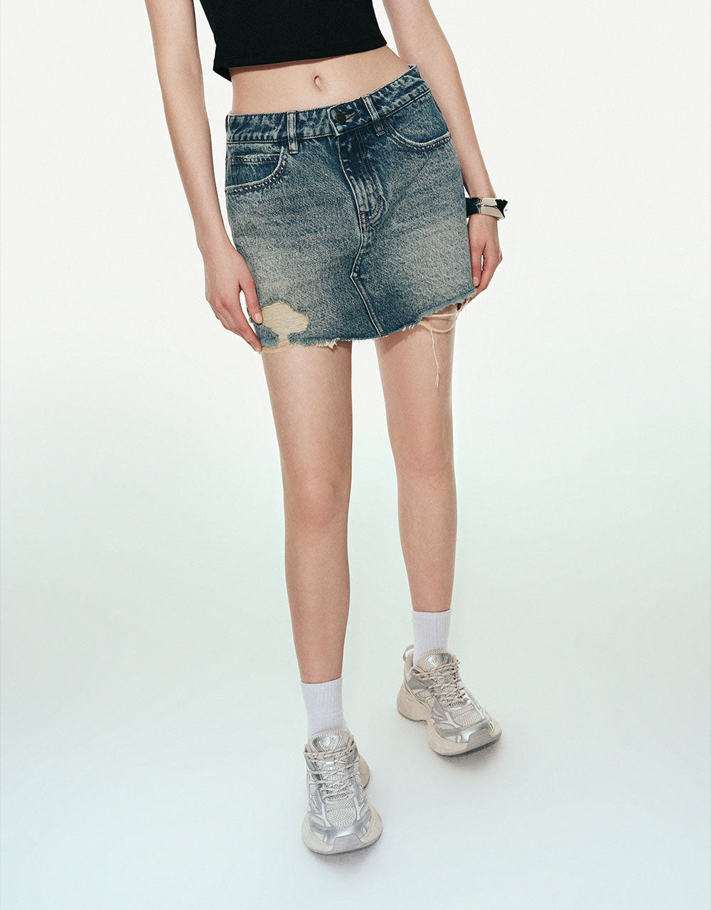 Ripped Mini A-Line Denim Skirt