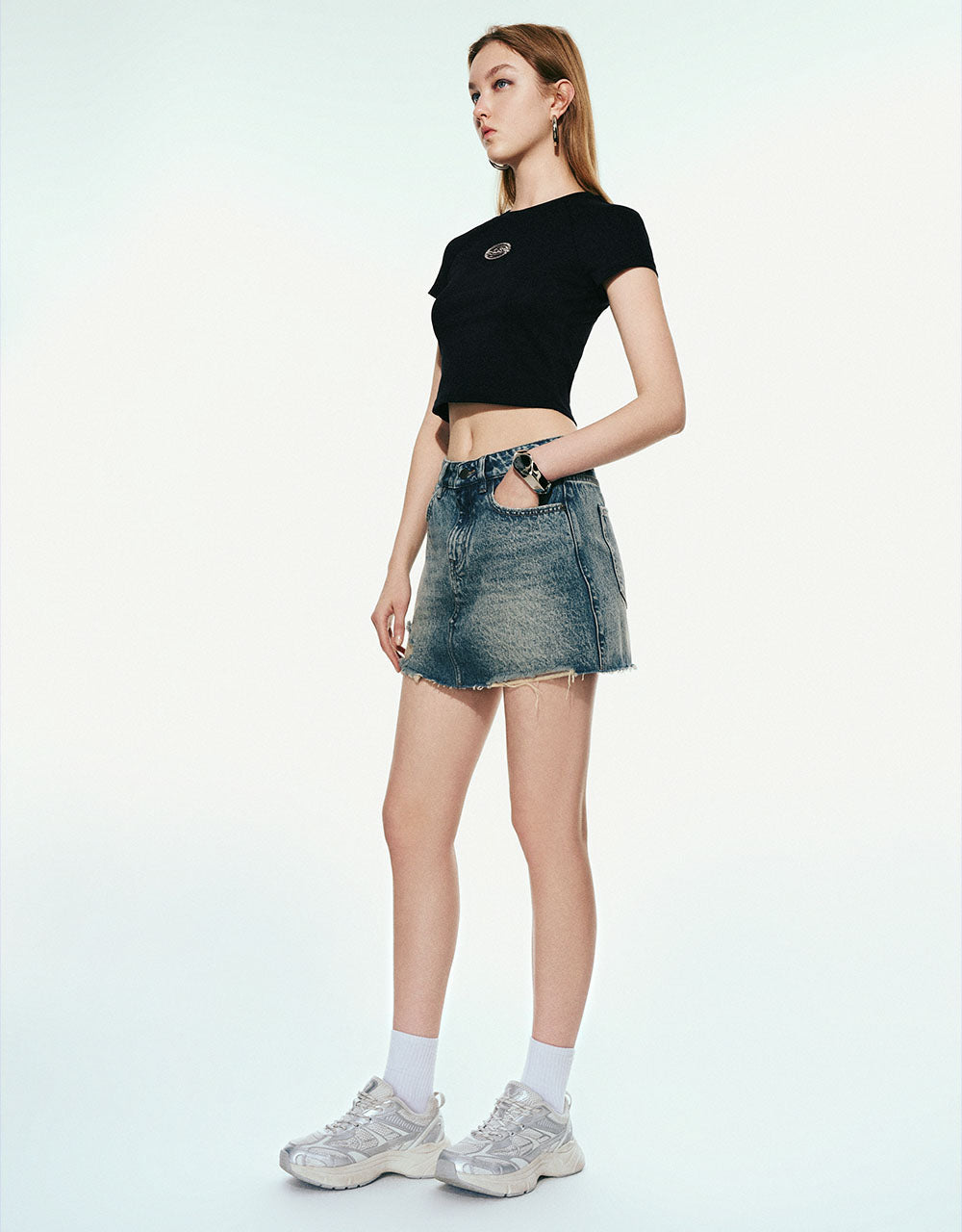 Ripped Mini A-Line Denim Skirt