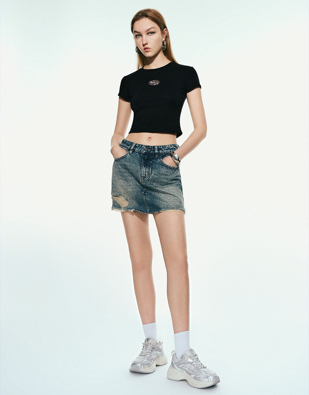 Ripped Mini A-Line Denim Skirt