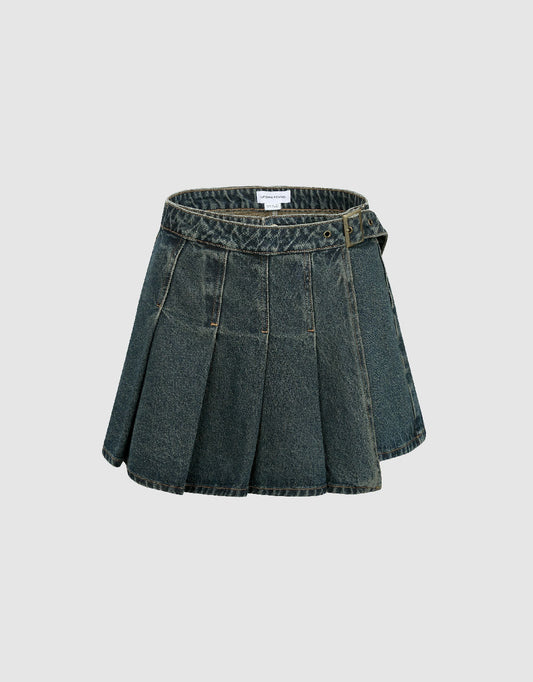 Pleated Denim Skort With Belt