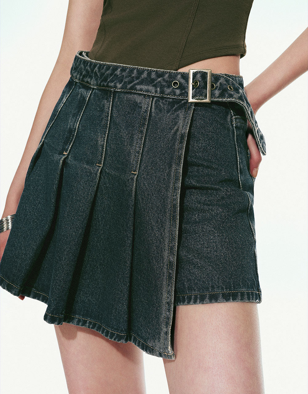 Pleated Denim Skort With Belt