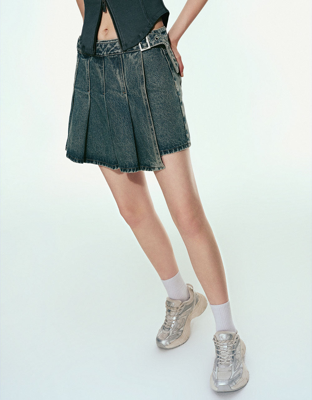 Pleated Mini Denim Skort With Belt