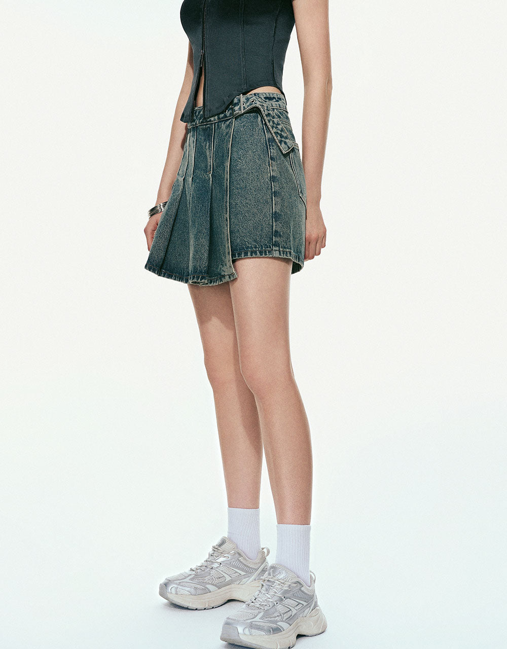 Pleated Mini Denim Skort With Belt