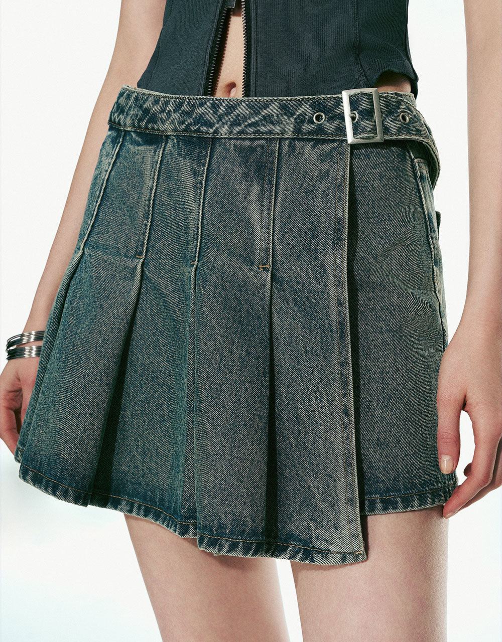 Pleated Mini Denim Skort With Belt