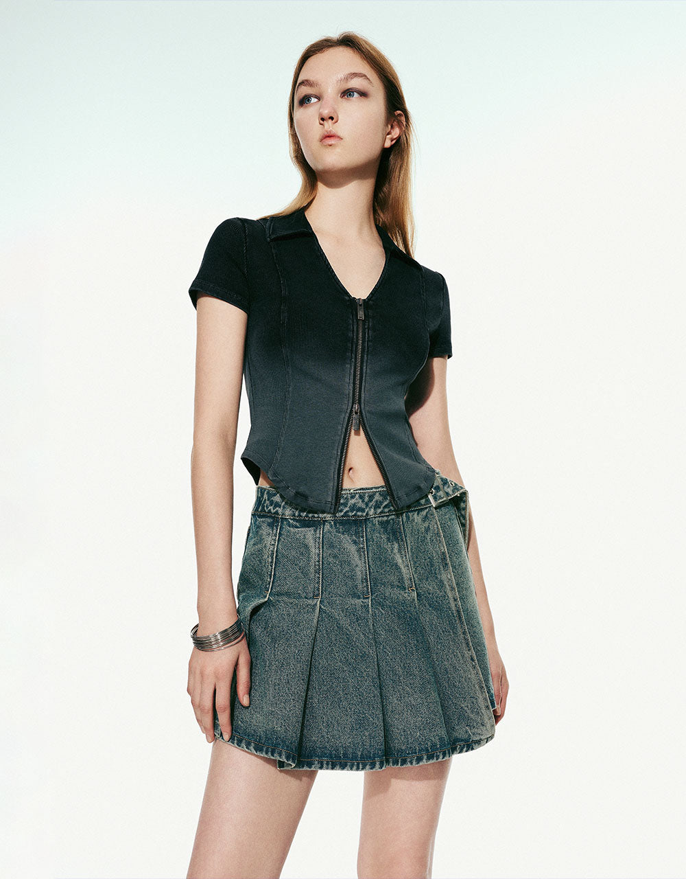 Pleated Mini Denim Skort With Belt