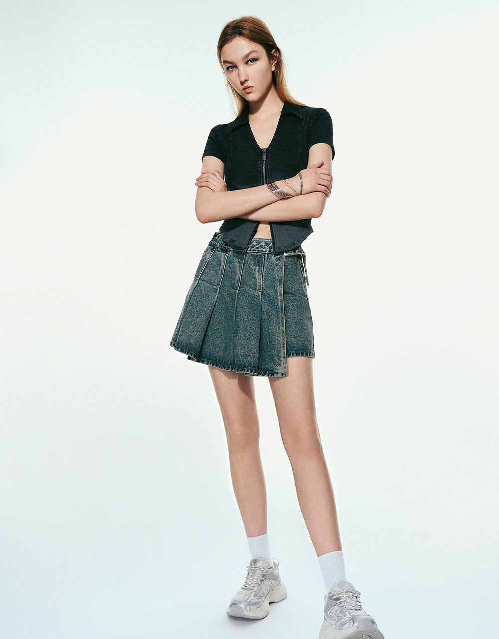 Pleated Mini Denim Skort With Belt