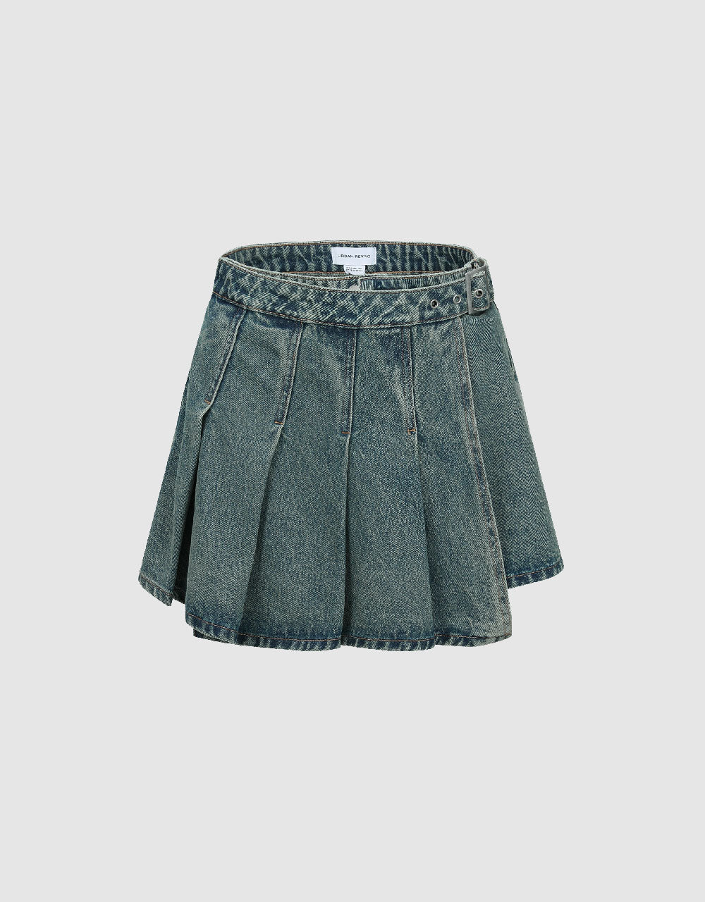 Pleated Mini Denim Skort With Belt