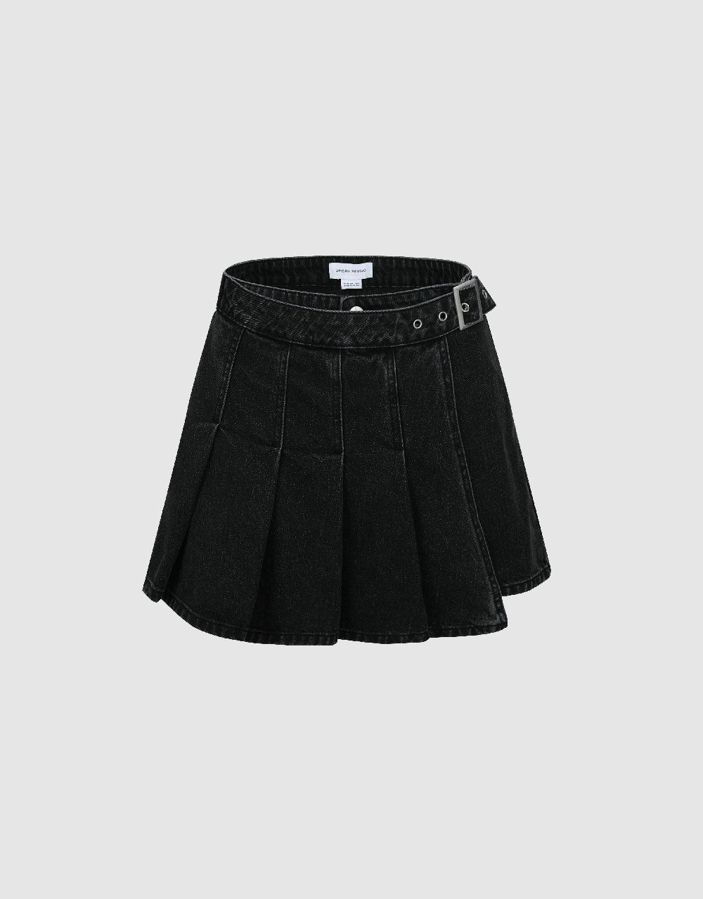 Pleated Mini Denim Skort With Belt