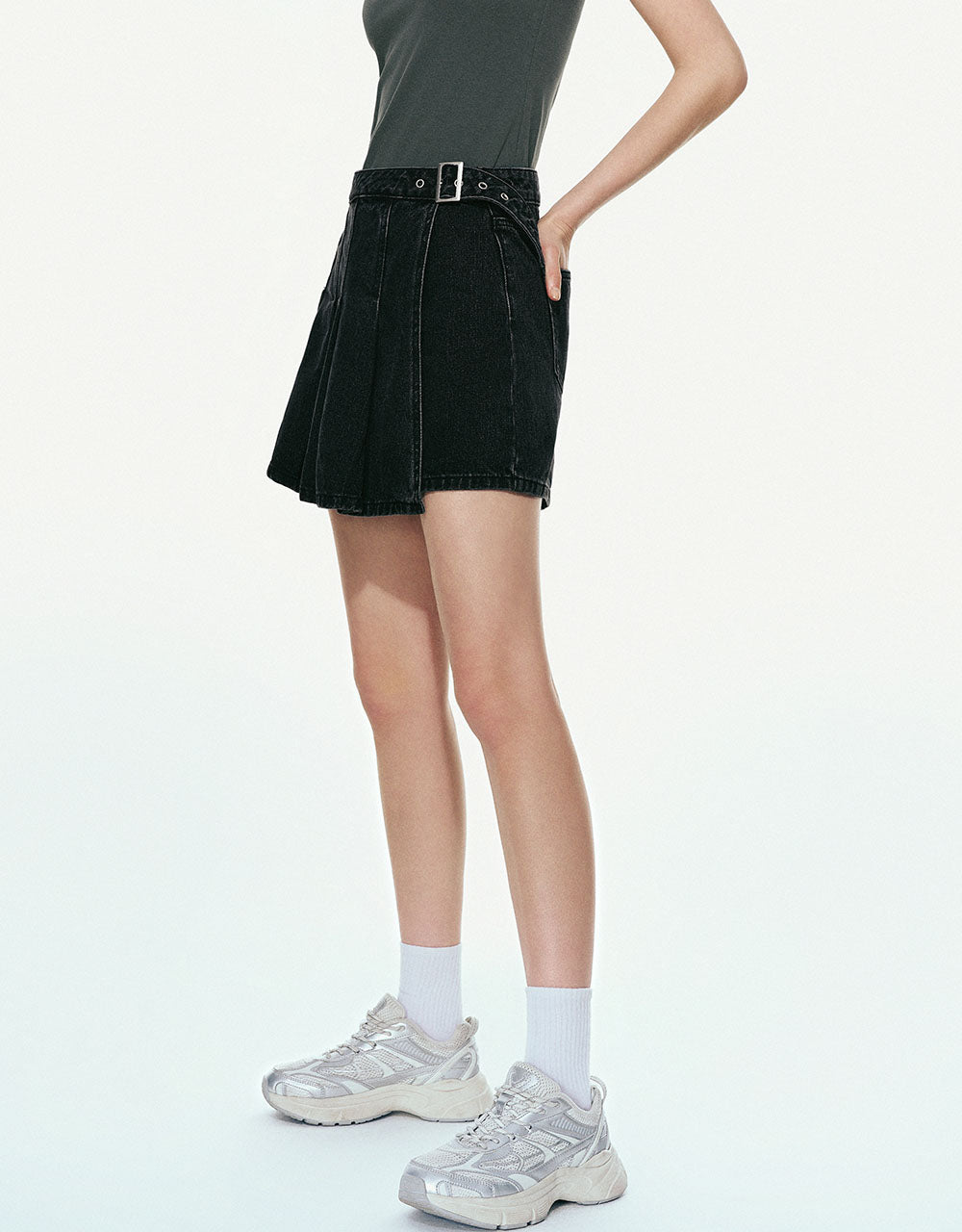 Pleated Mini Denim Skort With Belt