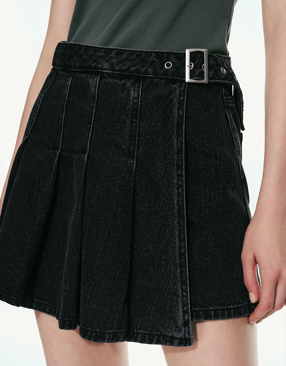 Pleated Mini Denim Skort With Belt