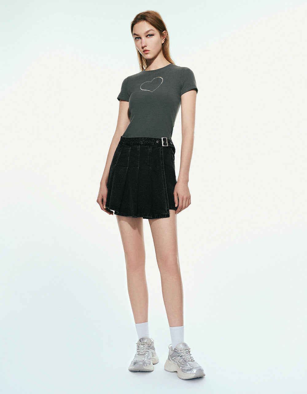 Pleated Mini Denim Skort With Belt