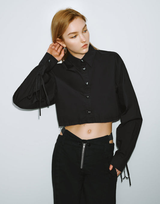 Heart Shape Button Cropped Straight Shirt