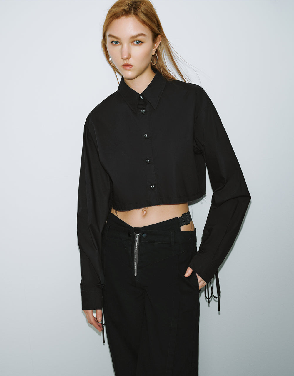 Heart Shape Button Cropped Straight Shirt