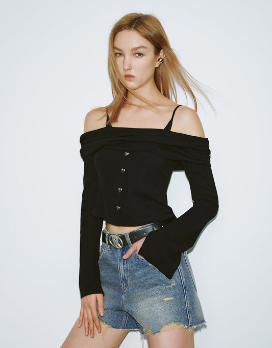 Off-Shoulder Knitted Skinny T-Shirt