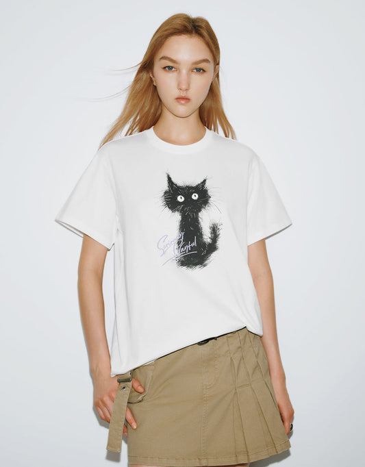 Cat Printed Crew Neck Straight T-Shirt