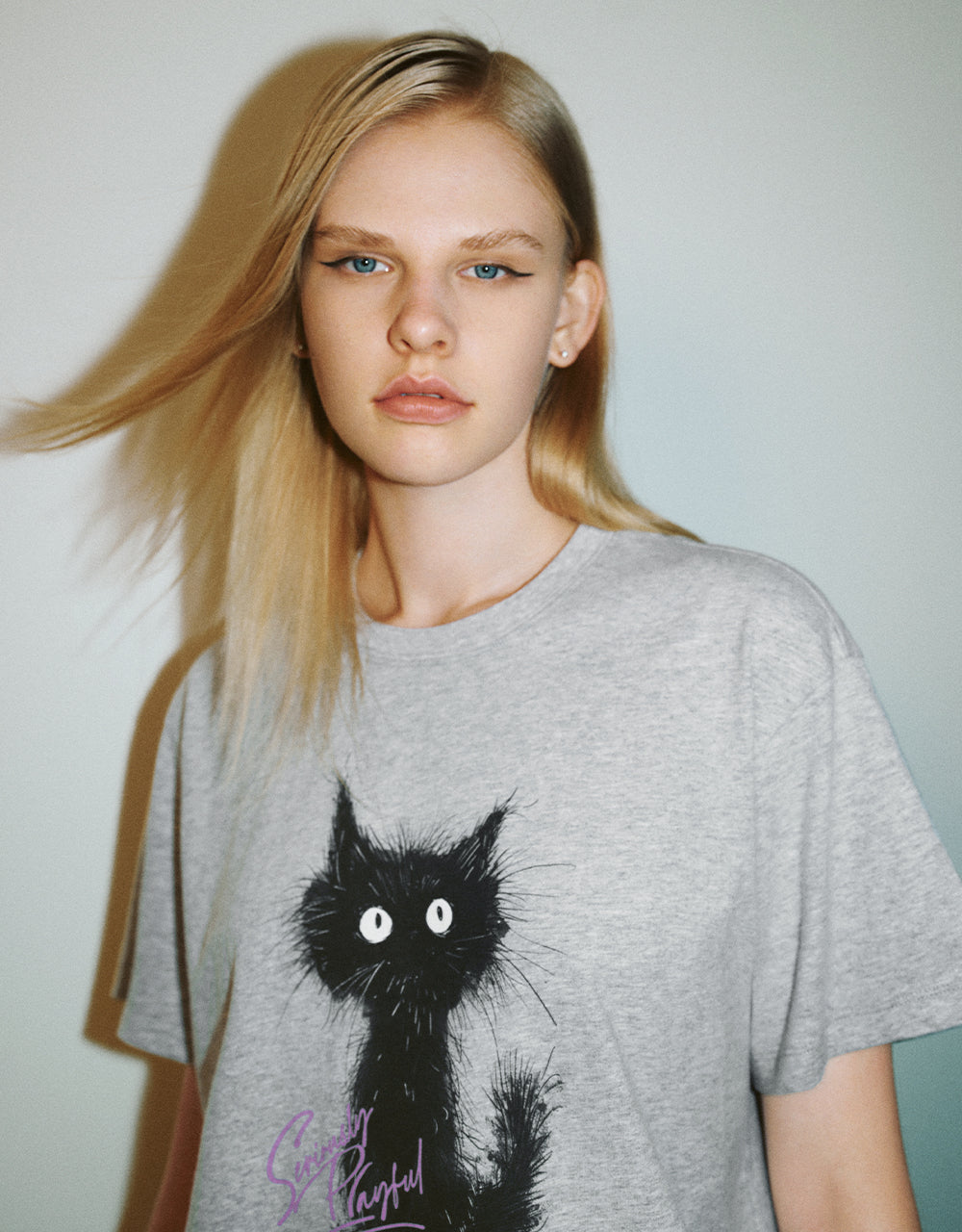 Cat Printed Crew Neck Straight T-Shirt