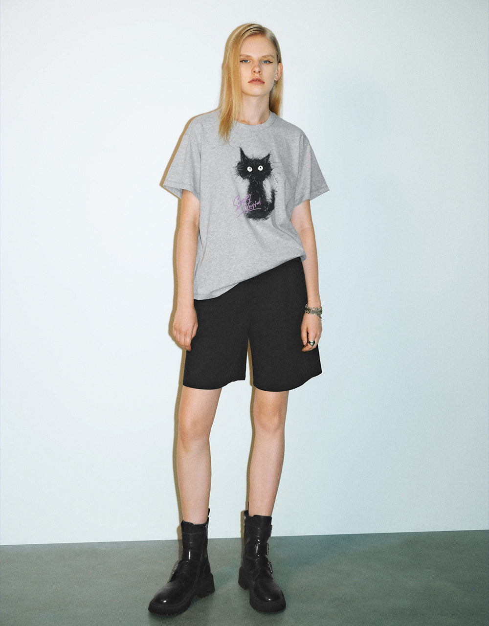 Cat Printed Crew Neck Straight T-Shirt