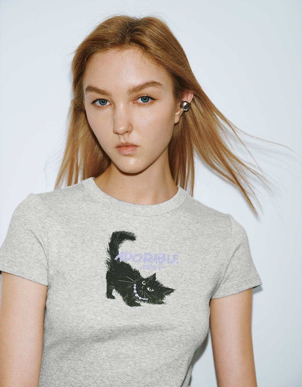 Cat Printed Crew Neck Skinny T-Shirt