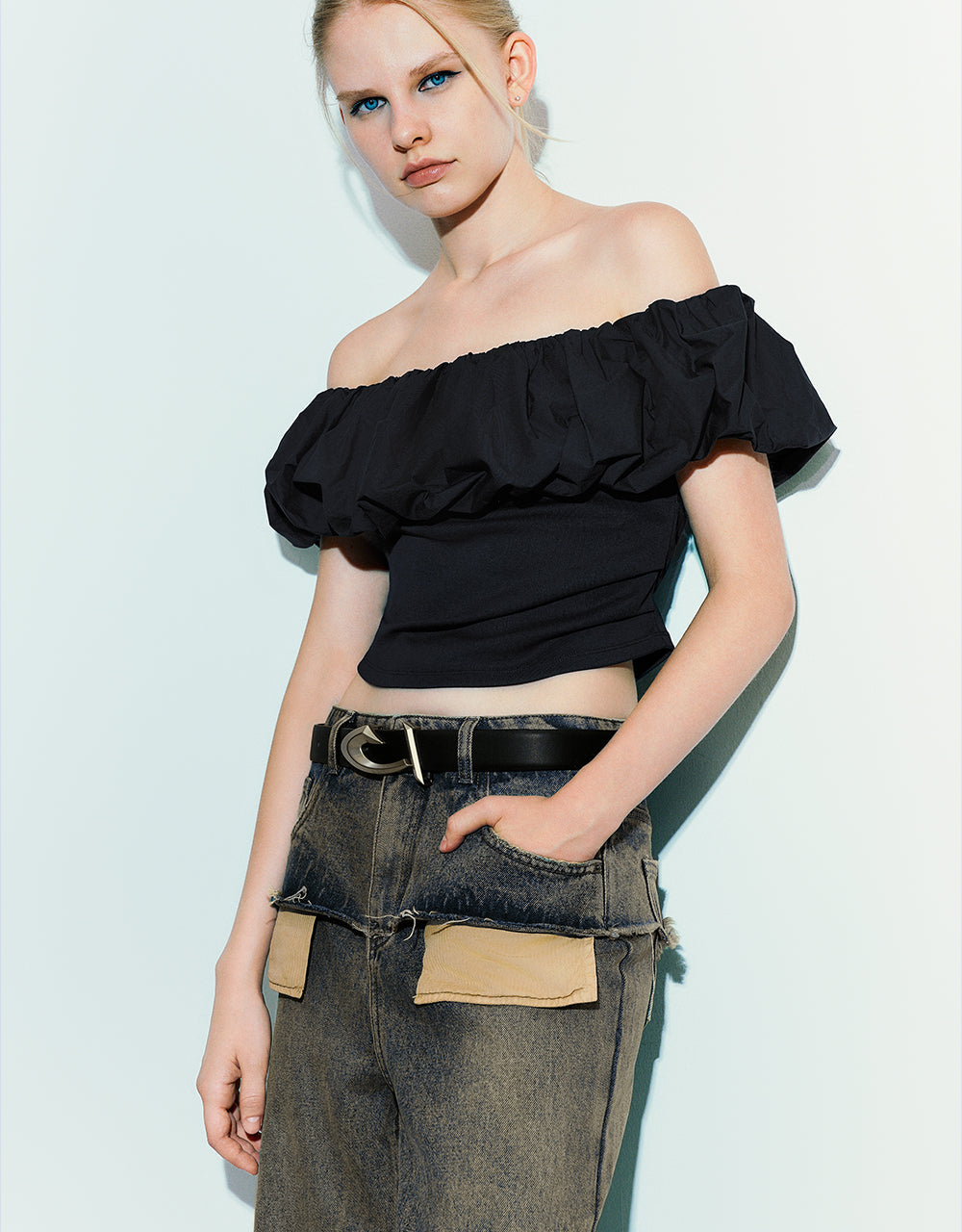 Ruffle Off-Shoulder Skinny T-Shirt